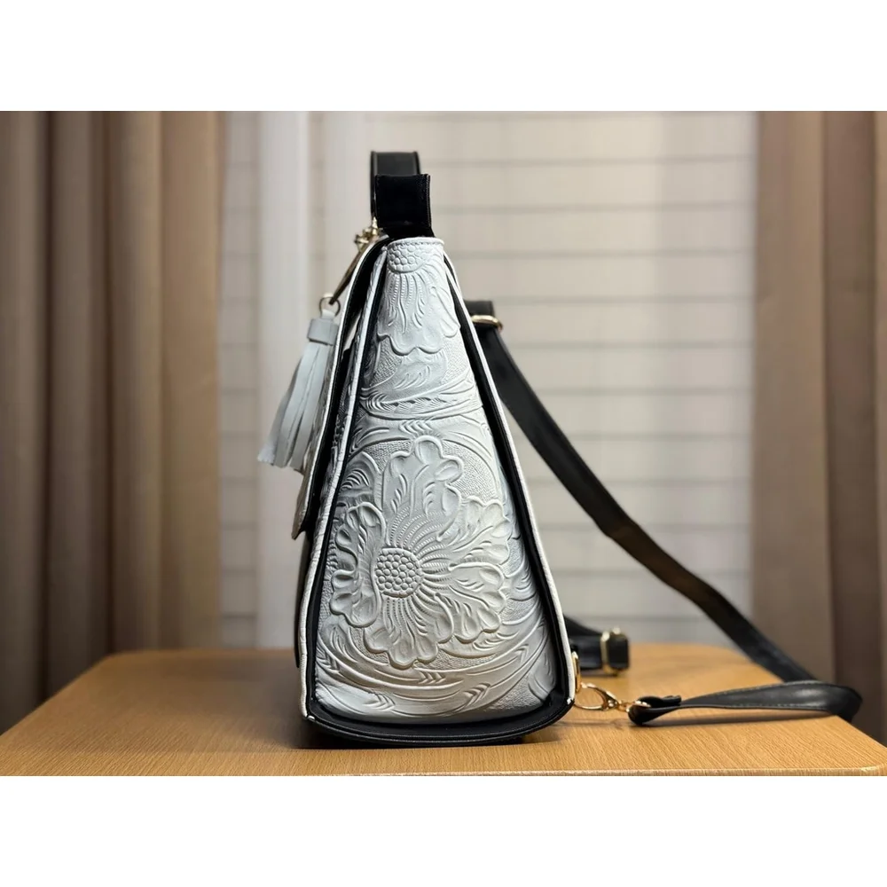 LEATHER Black & White BACKPACK Embossed Tooled Artisan Shoulder Bag Purse Hobo